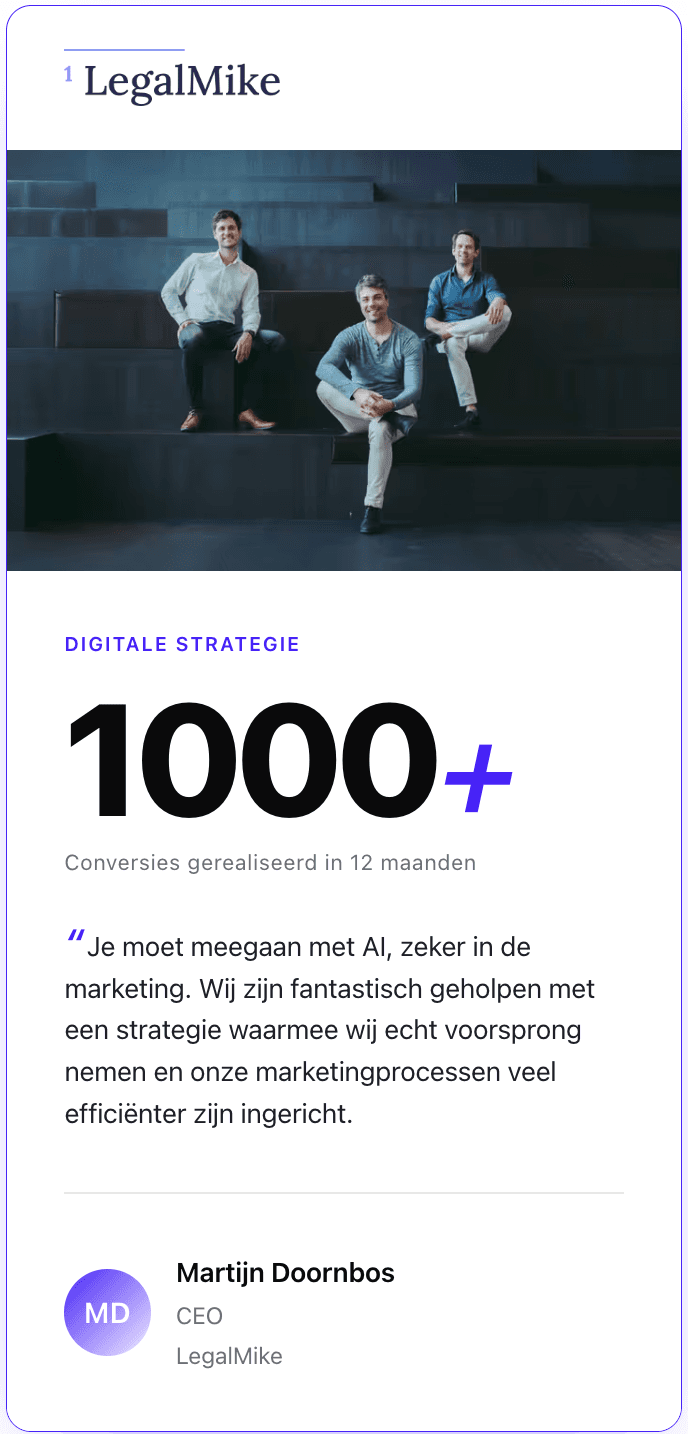 Homepage Story-creative voor LegalMike: B2B legal-tech case Strategie.nl