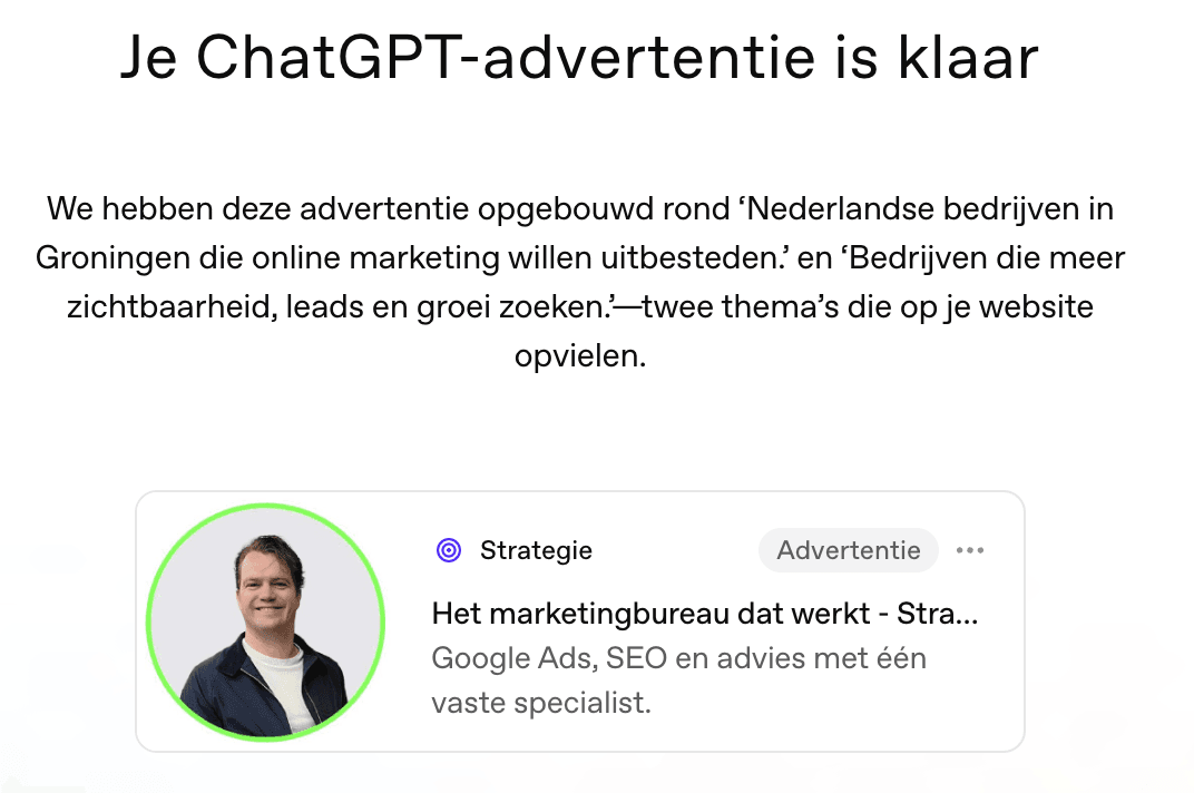 Bevestigingsscherm in ChatGPT Ads Manager met de advertentie van Strategie.nl: titel, beschrijving, favicon en het label Advertentie.