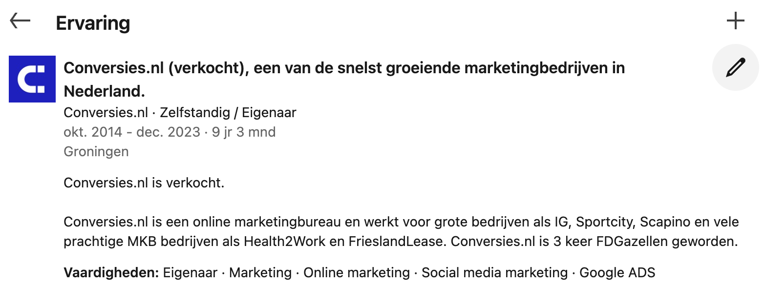 LinkedIn ervaring sectie na optimalisatie