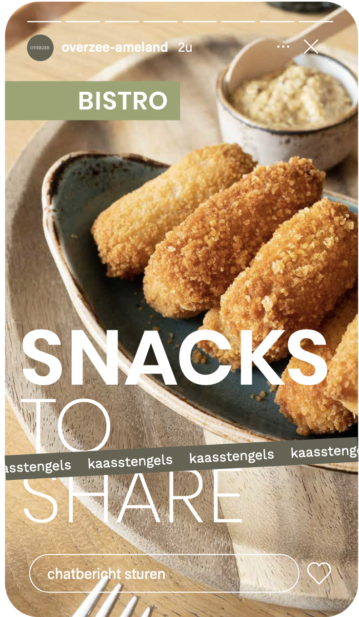 Instagram story-creative van Overzee Ameland: snacks to share